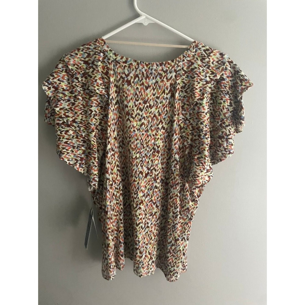 Democracy Women Ruffle Flutter Sleeve V-Neck Abstract Print Top B7140US1E L - Picture 8 of 9